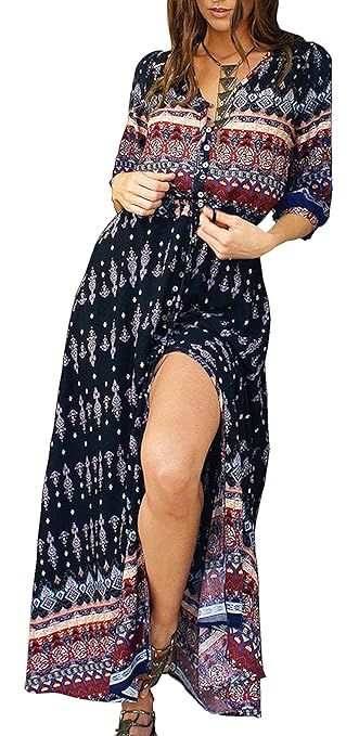 R.Vivimos Women's Summer Button Up Floral Print Split Beach Maxi Dresses | Amazon (US)