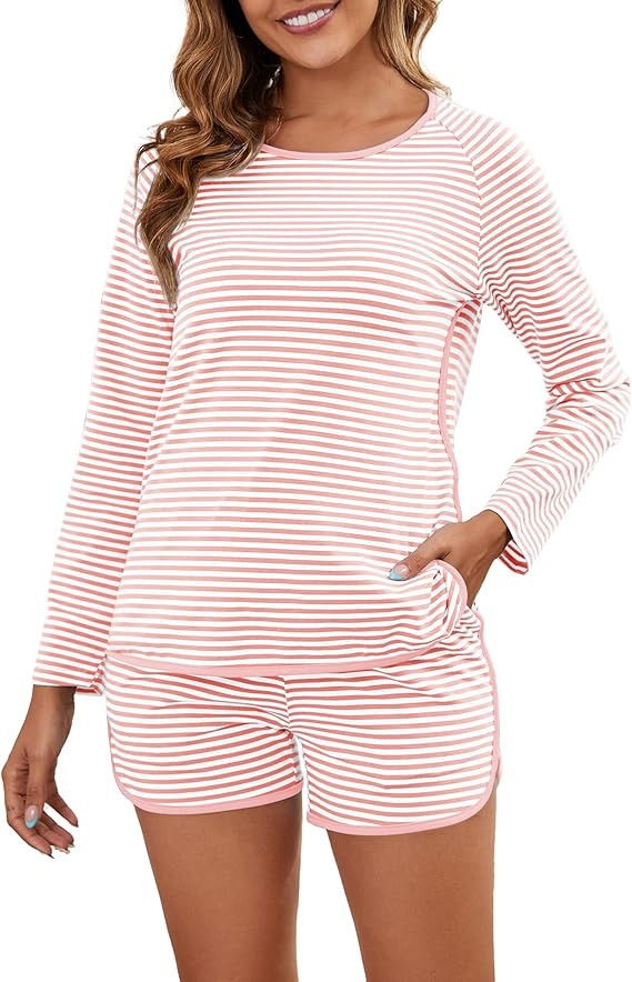 Cotton Pajama Sets for Women Soft 2 Piece Stripe Lounge Set Long Sleeve Shorts Pjs Loungewear Sle... | Amazon (US)