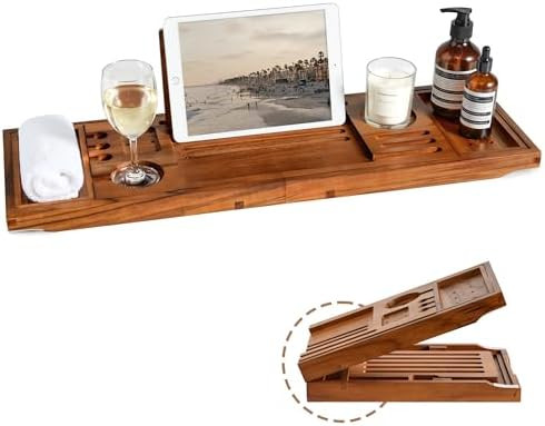Teak Bathtub Tray | Adjustable Width Tray with Wine Holder, Tablet/Phone & Book Stand, Splash-Pro... | Amazon (US)
