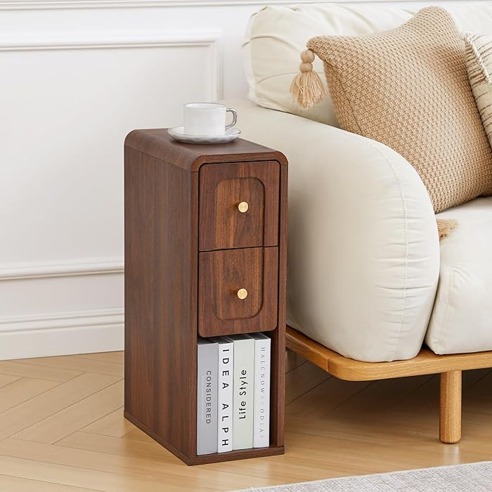 Narrow Nightstand with 2 Drawers, Small Bedside Tables, Mid-Century Modern Slim Night Stand with ... | Amazon (US)