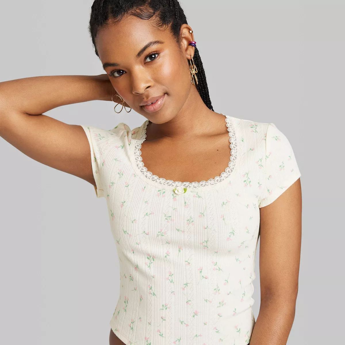 Women's Short Sleeve Pointelle Rosette T-Shirt - Wild Fable™ Off-White Floral L | Target