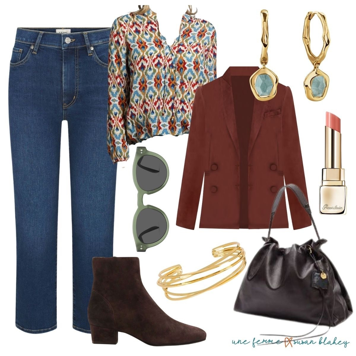Travel days made stylish ✈️ I kept it easy with classic denim and a printed blouse, then layered on a chocolate -colored blazer for that rich, warm palette pop. Paired with comfortable booties, it’s the perfect mix of polished and practical—ready for exploring by day and dressed-up enough for dinner at night. Effortless layers that work hard so I can travel light. 🤎🍂✨

#LTKOver40 #LTKSeasonal #LTKPetite