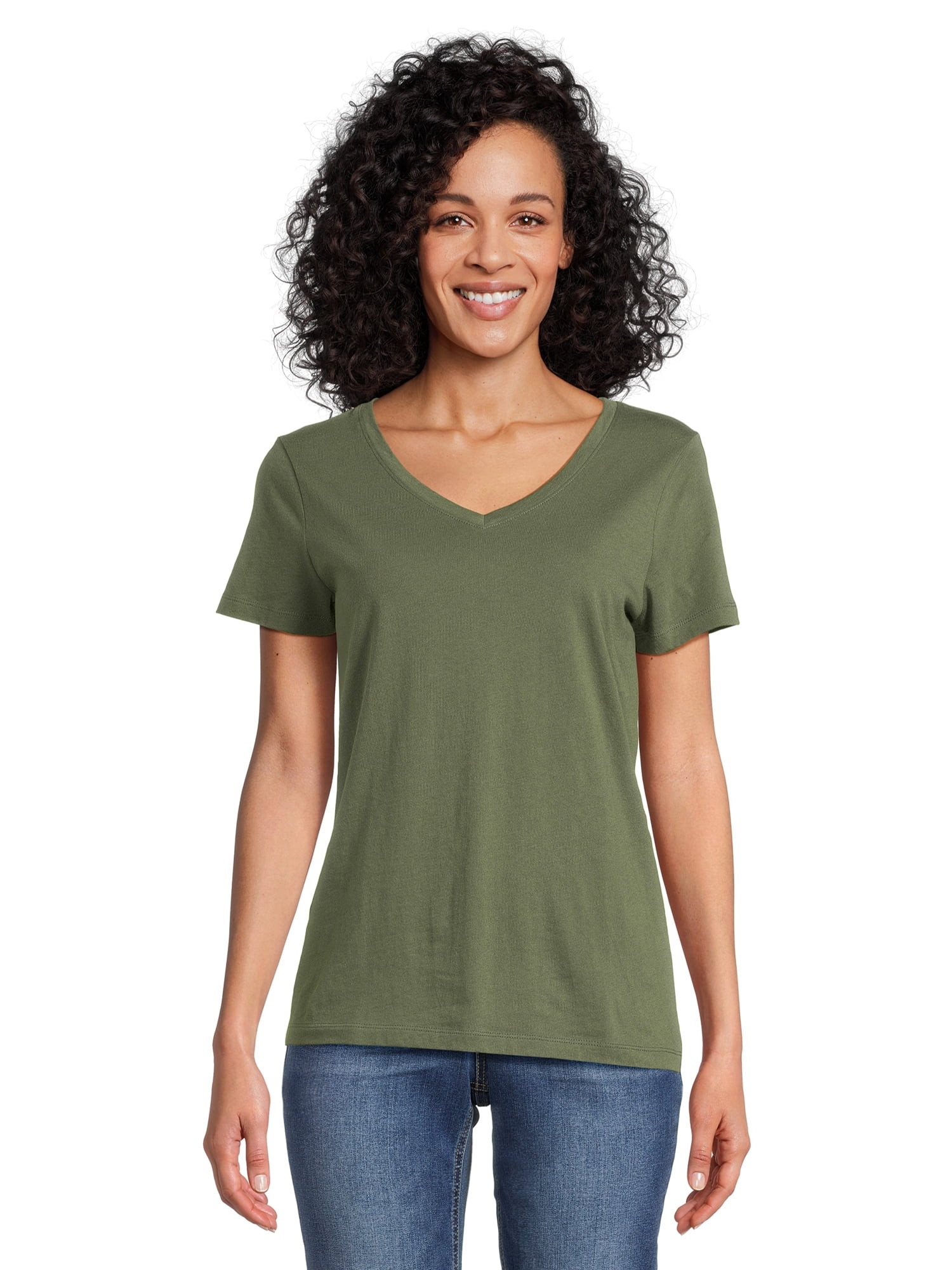 Time and Tru Women's V-Neck Tee with Short Sleeves, Sizes S-3XL | Walmart (US)