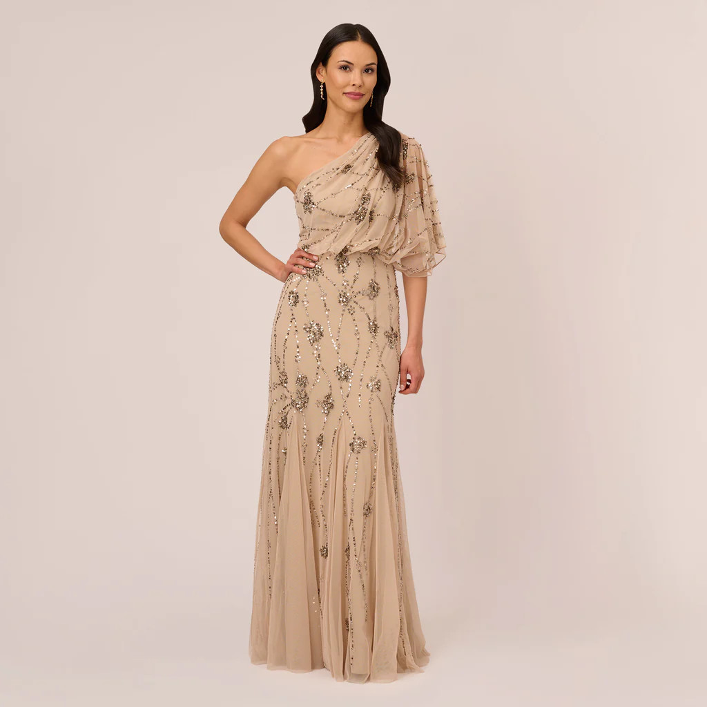 One Shoulder Beaded Gown In Nude | Adrianna Papell