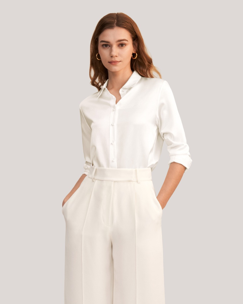 Women Classic Pearl Button Silk Shirt | LilySilk