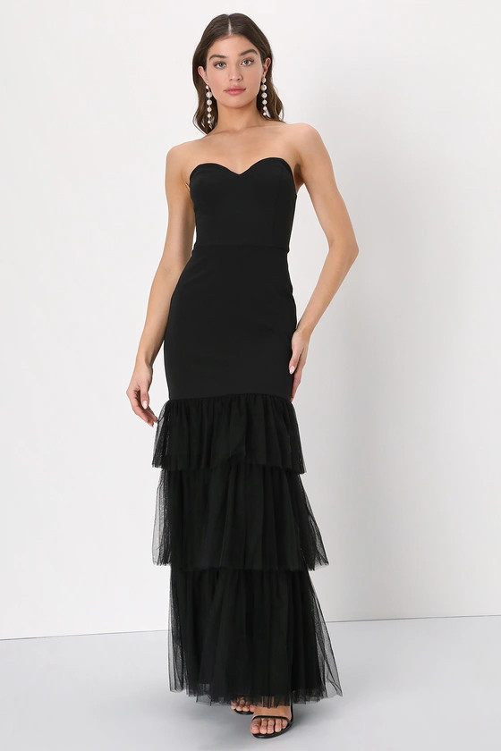 Dramatic Fanatic Black Strapless Tulle Trumpet Maxi Dress | Lulus (US)