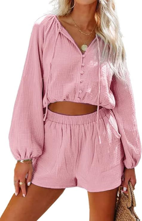 BZB Women's Lounge Sets Button V Neck Long Sleeve Top and High Waist Shorts 2 Piece Pajama Suit C... | Amazon (US)