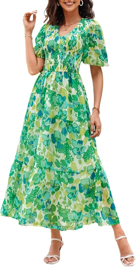 Sissyaki Women's Boho V Neck Smocked Bridesmaid Dress Semi Formal Wedding Guest Midi Dress | Amazon (US)