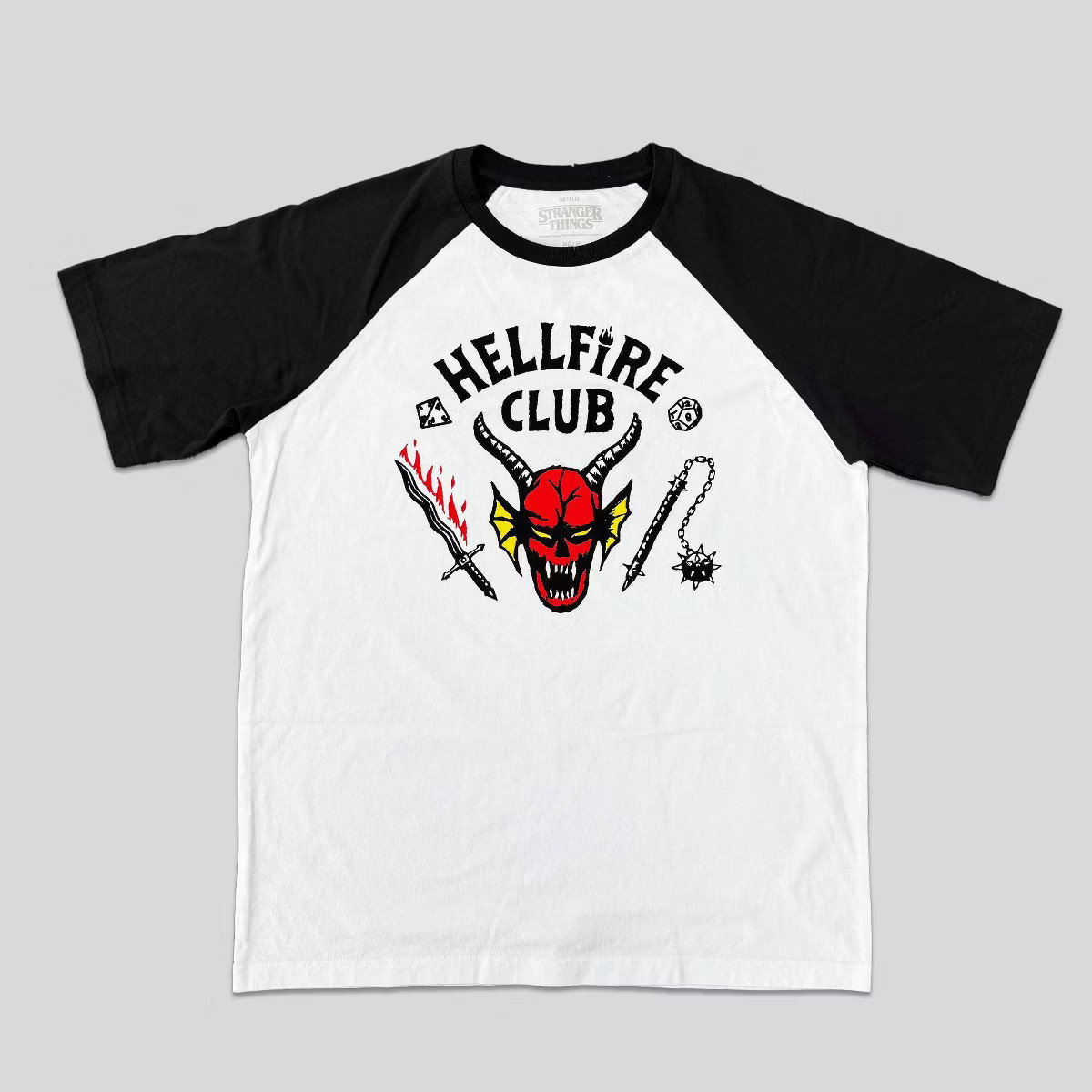 Men's Stranger Things Hellfire Club Raglan Baseball Graphic T-Shirt - White L | Target