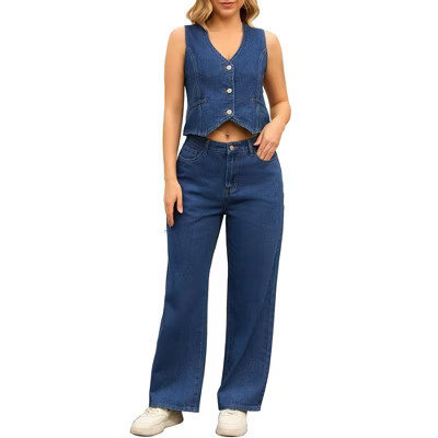 INSPIRE CHIC Women's Denim Sleeveless Wide-leg Denim Set Dark Blue X-Large | Target