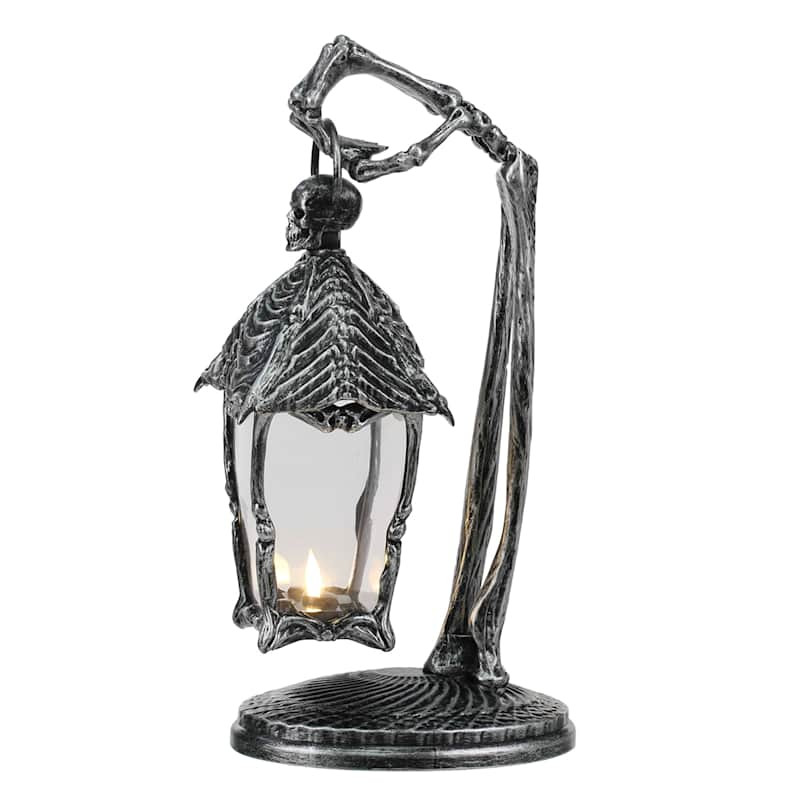 Southern Gothic Black with Silver Finish Halloween Skeleton Lantern, 16.5" | At Home