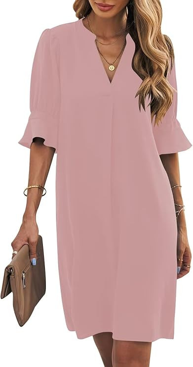 Wkior Shift Dress for Women V Neck Short Sleeves Solid Color Casual Flowy Summer Dresses(S-2XL) | Amazon (US)
