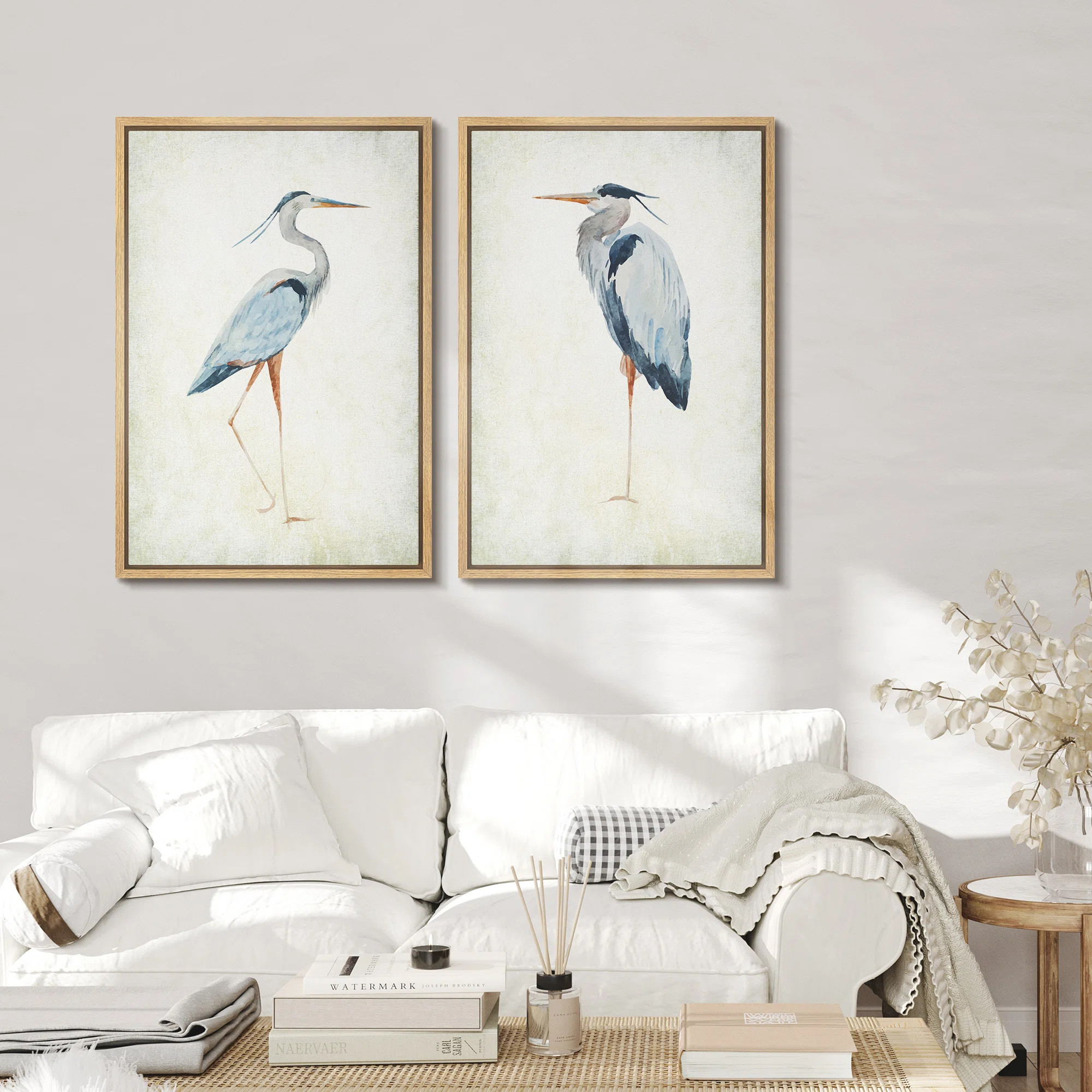 Blue Heron Bird Portrait Coastal Beach Decor - Framed Canvas Master Bedroom Wall Art Set 2 Print | Wayfair North America