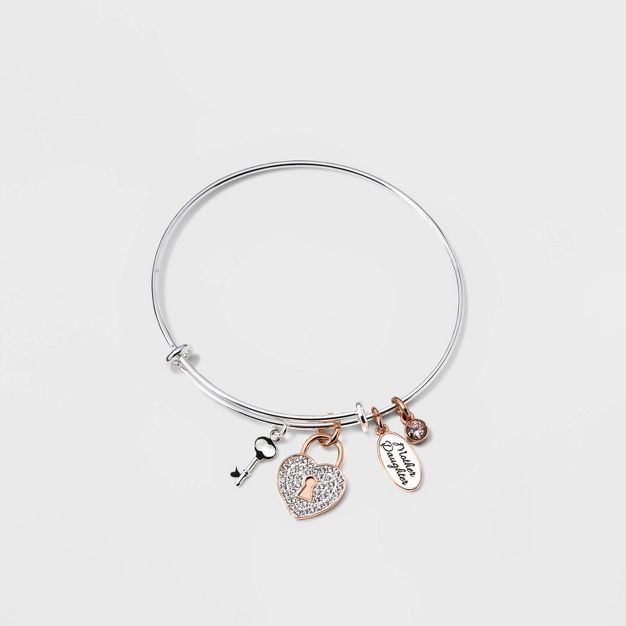 Stainless Steel 'Mother Daughter' Cubic Zirconia Heart and Key Bangle Bracelet - Rose Gold | Target