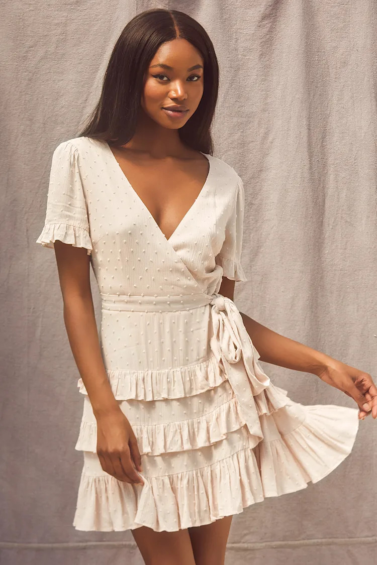 Call Me Cute Cream Swiss Dot Tiered Faux Wrap Mini Dress | Lulus (US)