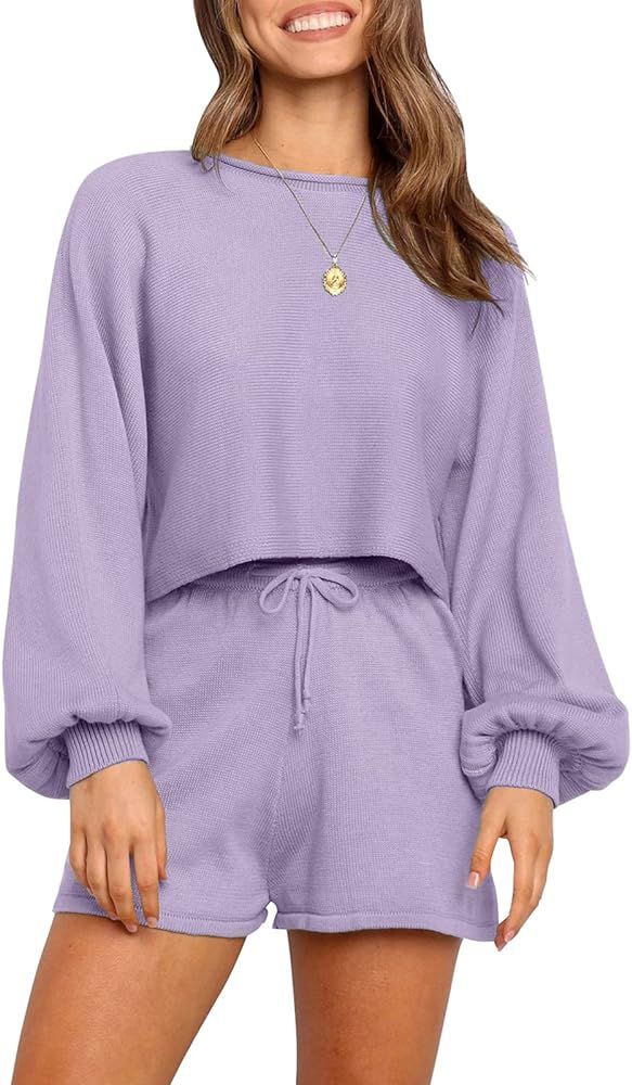 ZESICA Women's Casual Long Sleeve Solid Color Knit Pullover Sweatsuit 2 Piece Short Sweater Outfits  | Amazon (US)