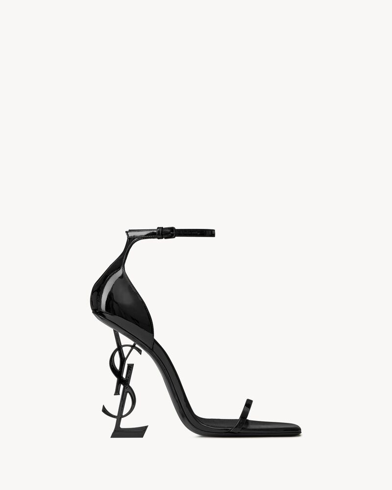 sandals with narrow straps and metal interlocking ysl monogram heel.Two heel heights available. | Saint Laurent Inc. (Global)