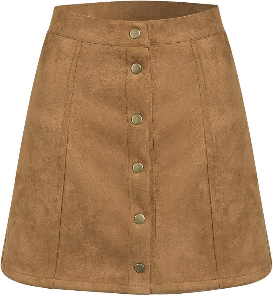 PERSUN Women's Button Front High Waist Faux Suede A-Line Mini Short Skirt 2021 | Amazon (US)