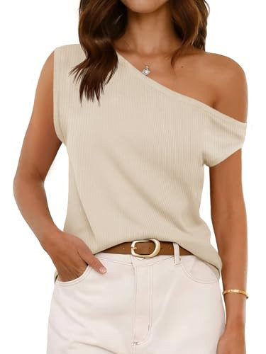 Cicy Bell Womens Off One Shoulder Tops Summer Ribbed Knit Tank Tops Trendy Casual Loose Fit Sleeveless Tee Shirts Beige | Amazon (US)