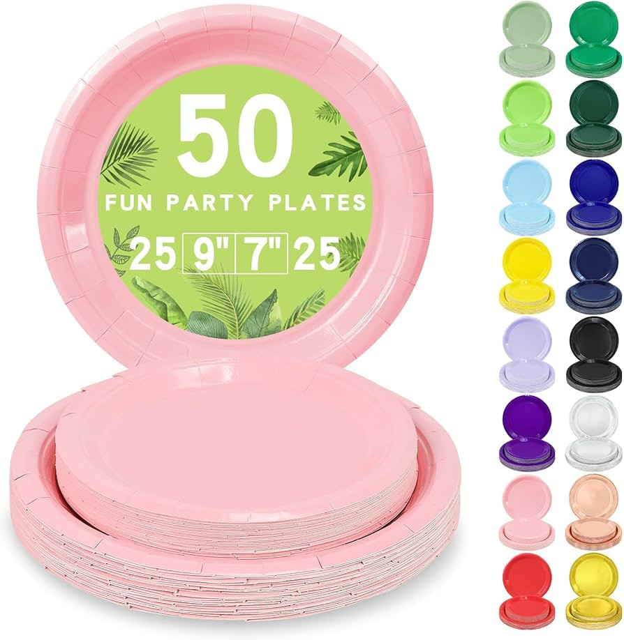 LANLISA 50 Pcs Pink Paper Plates Disposable, 25-9" & 25-7" Disposable Birthday Cake Dessert Plate... | Amazon (US)