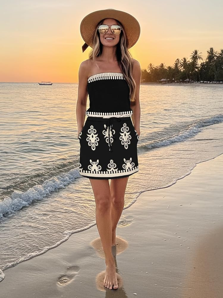 SAUKOLE Summer Dress for Women Strapless Beach Cover Ups Boho Sundress Mini Dress Drawstring Wais... | Amazon (US)