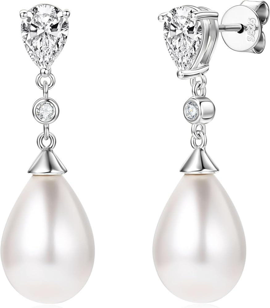 925 Sterling Silver Pearl Drop Earrings for Women, June Birthstone Long Dangle Pearl Jewelry Gift... | Amazon (US)