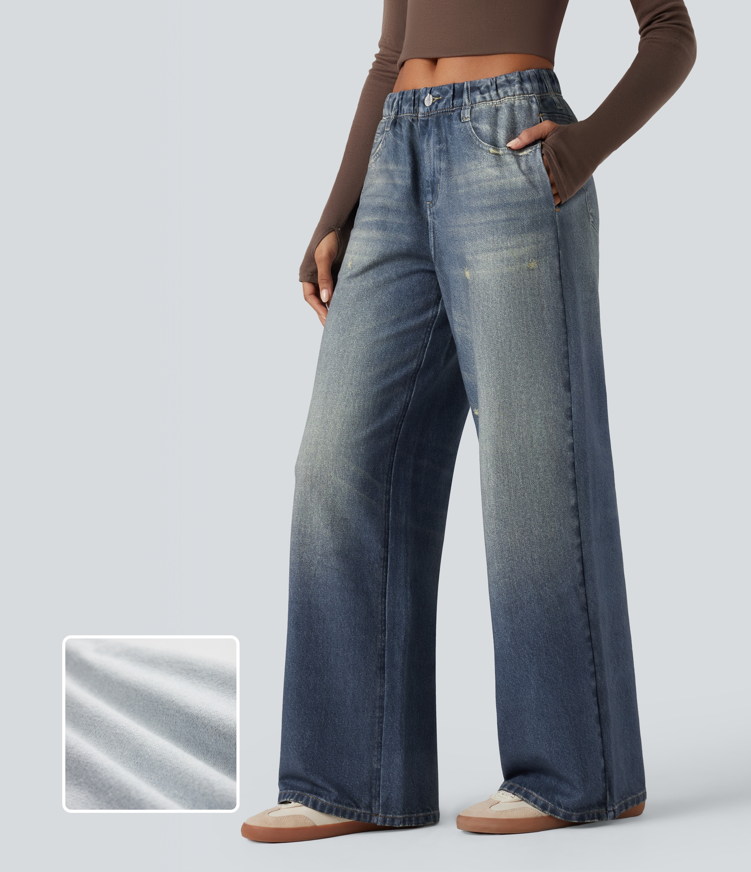 Halara Halara Flex™ Mid Rise Wide Leg Casual French Terry Sweatpants Jeans with Pockets  - Dutch Blue Denim - S(regular) | HALARA