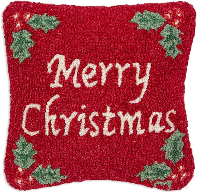 Artist-Designed Merry Christmas Hand-Hooked Wool Decorative Throw Pillow (14 in x 14 in) Christma... | Amazon (US)