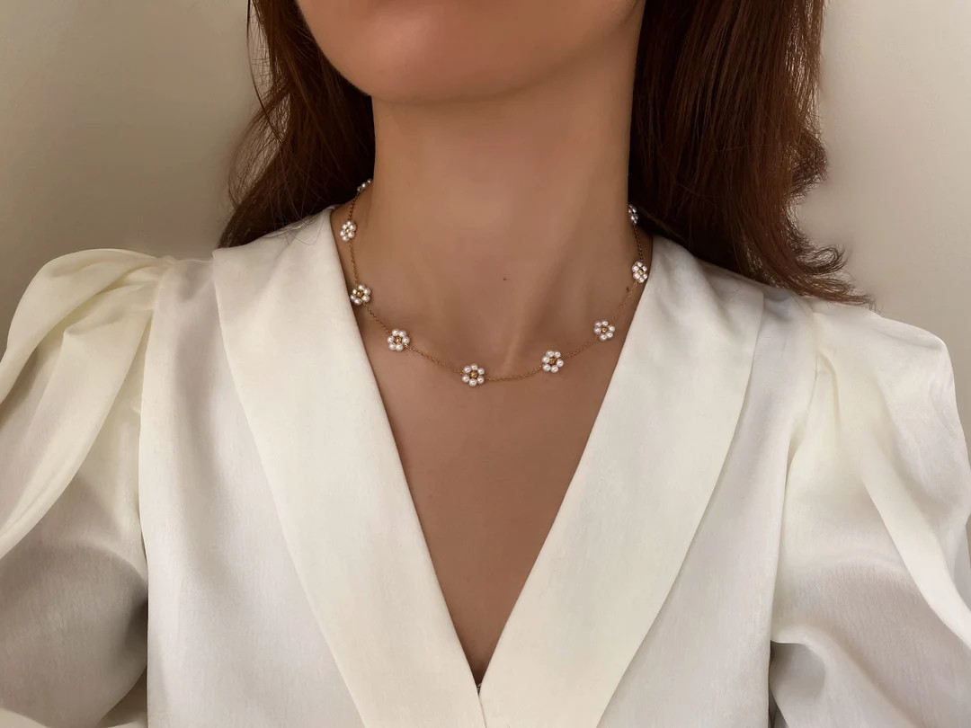 18K Gold Plated Flower Charm Necklace, Pearl Choker Necklace, Pearl Daisy Necklace, Bridesmaids N... | Etsy (US)