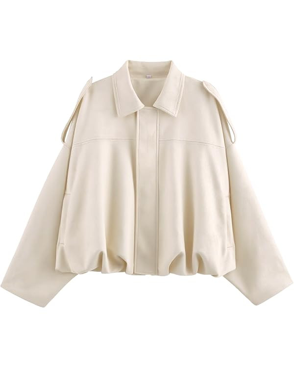 Xunger Women's Faux Suede Bomber Jacket Spring Lapel Pilot Coat Casual Oversized Long Sleeves Tre... | Amazon (US)