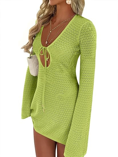 ANRABESS Women’s Crochet Swimsuit Cover Up, V Neck Mesh Knit Beach Dress, Long Sleeve Summer Va... | Amazon (US)
