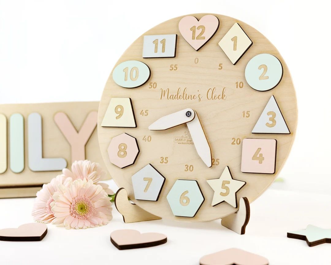 Personalized Wooden Name Clock with Shapes, Easter Gift, Puzzle Toys for Toddler, Gift 1st Birthday, | Etsy (US)