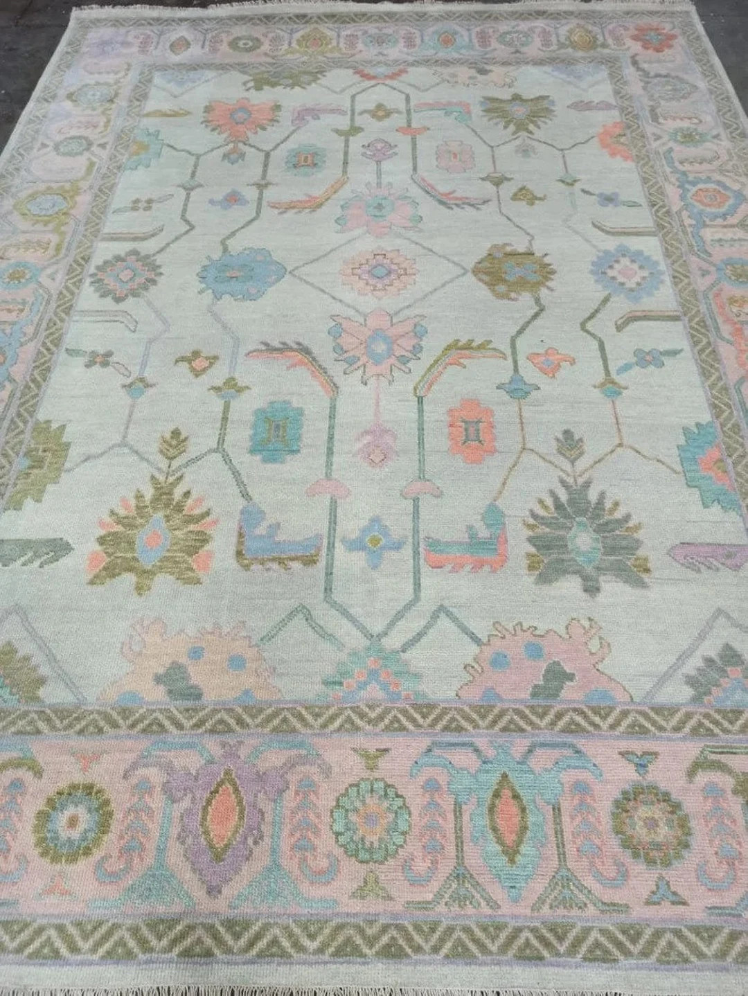 Modern Hand knotted Oushak Rug in Pale Pink, Green & Blue  Hand Knotted 8x10, 9x12, 10x14, Wool  ... | Etsy (US)
