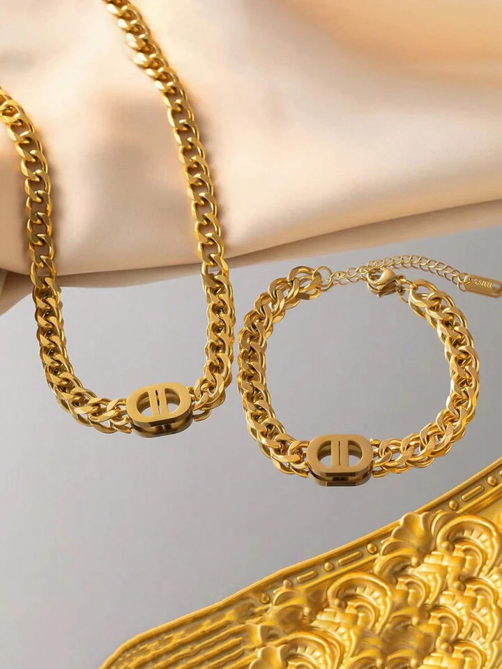 Stainless Steel Fashion Necklace+Bracelet Jewelry Set, Versatile Design Suitable For Daily Wear O... | SHEIN