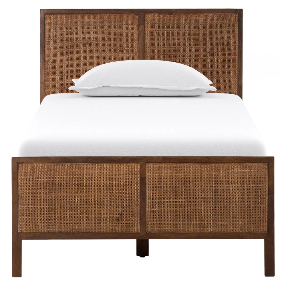 Rhian Coastal Beach Brown Woven Cane Mango Wood Frame Bed - Twin | Kathy Kuo Home