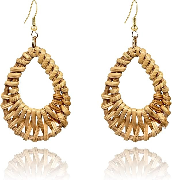 QUPENGXU Geometric Handmande Drop Dangle Earrings Bohemian Rattan Wicker Earrings For Women | Amazon (US)