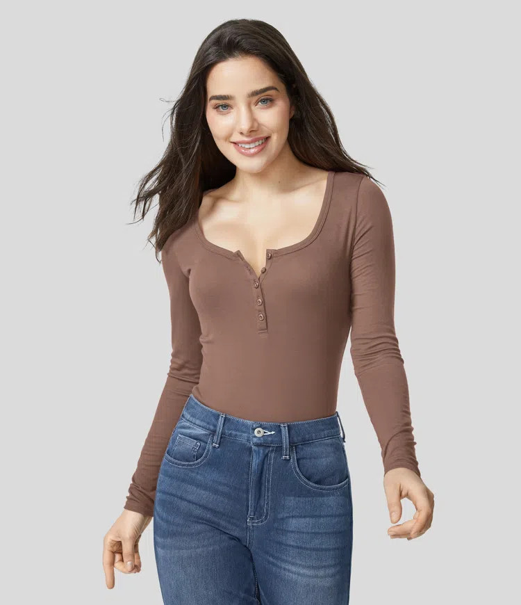 Women’s Ribbed Henley Neck Long Sleeve Slim Casual Top - Halara | HALARA