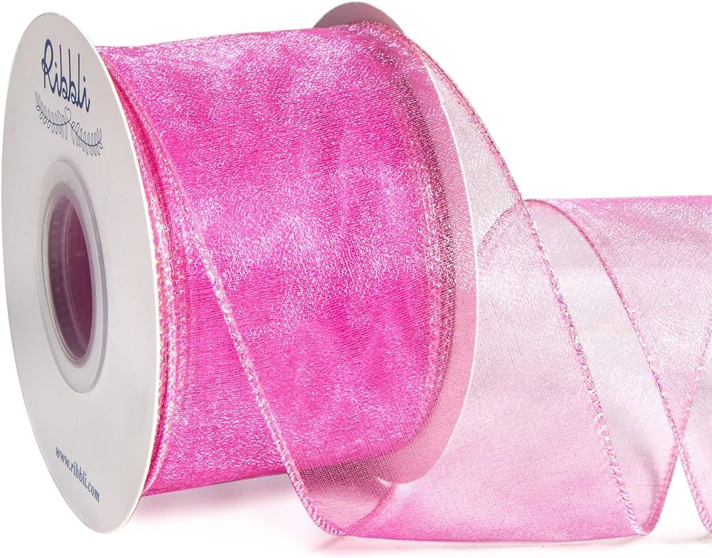 Ribbli Hot Pink Organza Wired Ribbon,Sheer Ribbon with Iridescent Metallic Edge,2-1/2 Inch x 20 Y... | Amazon (US)