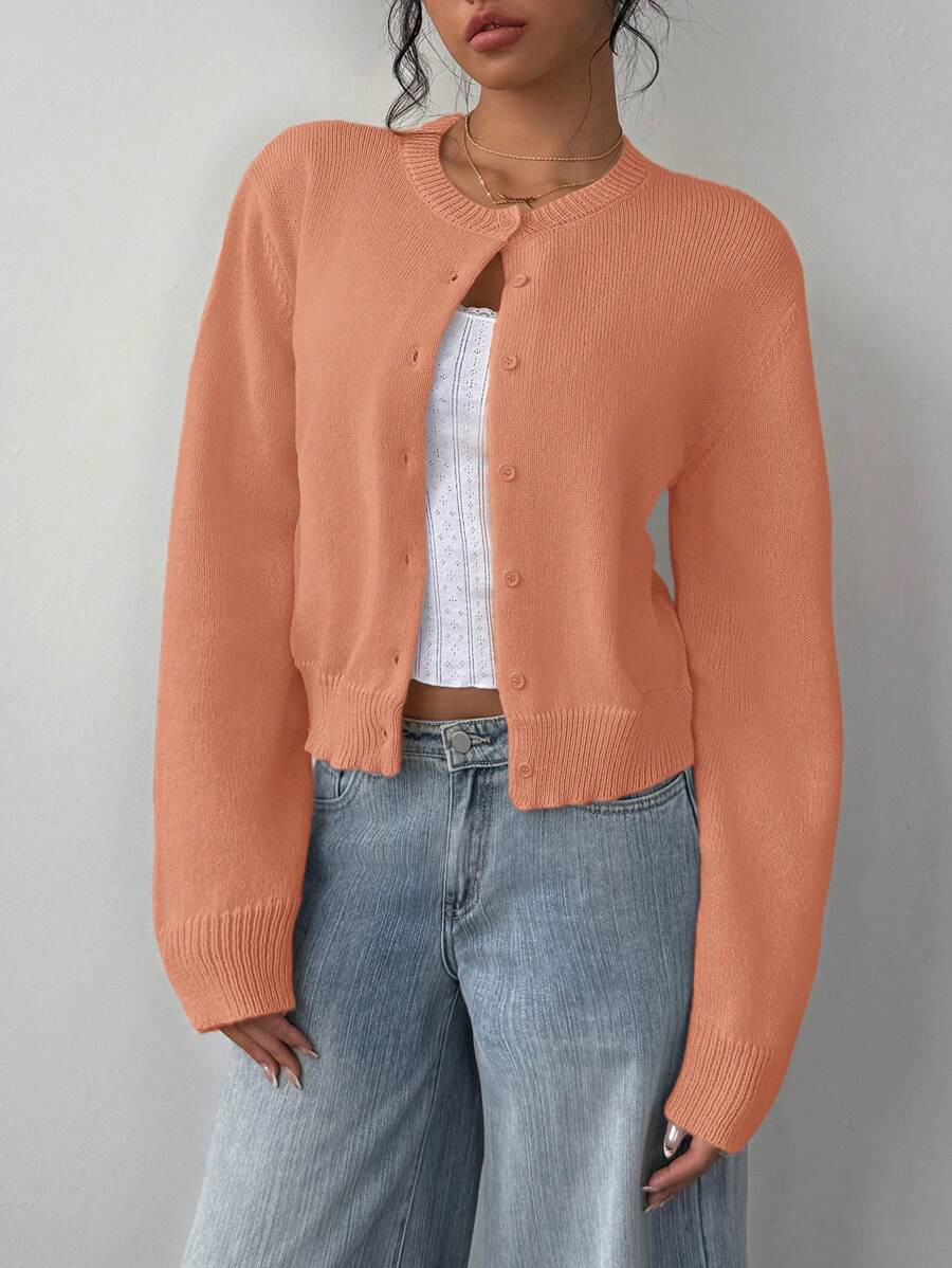 SHEIN BASICS Casual Solid Color Round Neck Long Sleeve Loose Cropped Women Knitted Cardigan,Tops ... | SHEIN