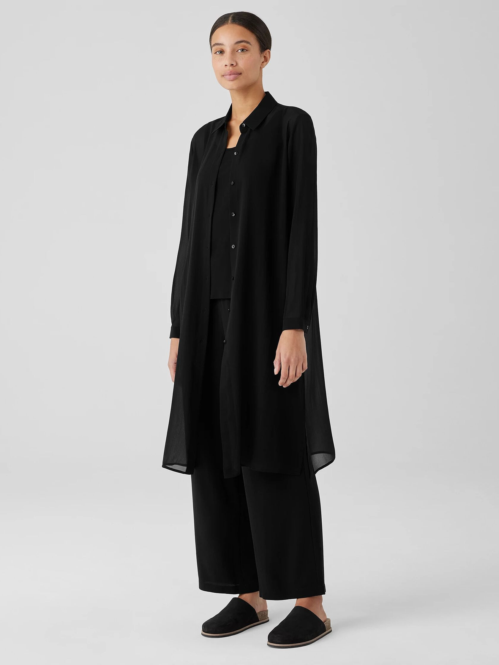 Sheer Silk Georgette Classic Collar Long Shirt | Eileen Fisher