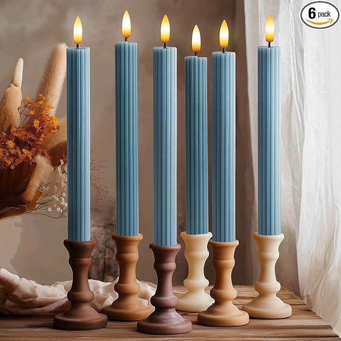 6 Pack, 10" LED Flameless Blue Fluted Ribbed Grooved Taper Candles, Remote & 24h Timer Memory, On... | Amazon (US)