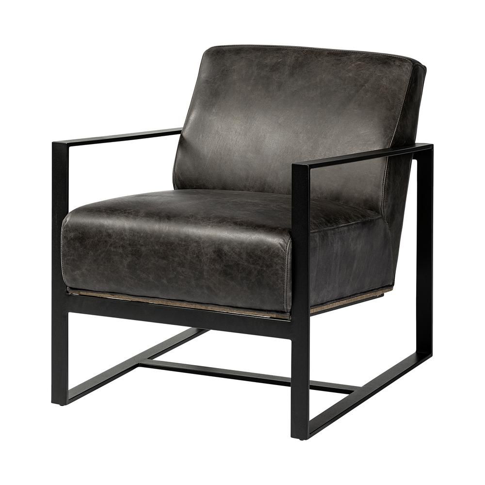 Mercana Stamford I Black Genuine Leather Wrapped Metal Frame Accent Arm Chair, Back | The Home Depot