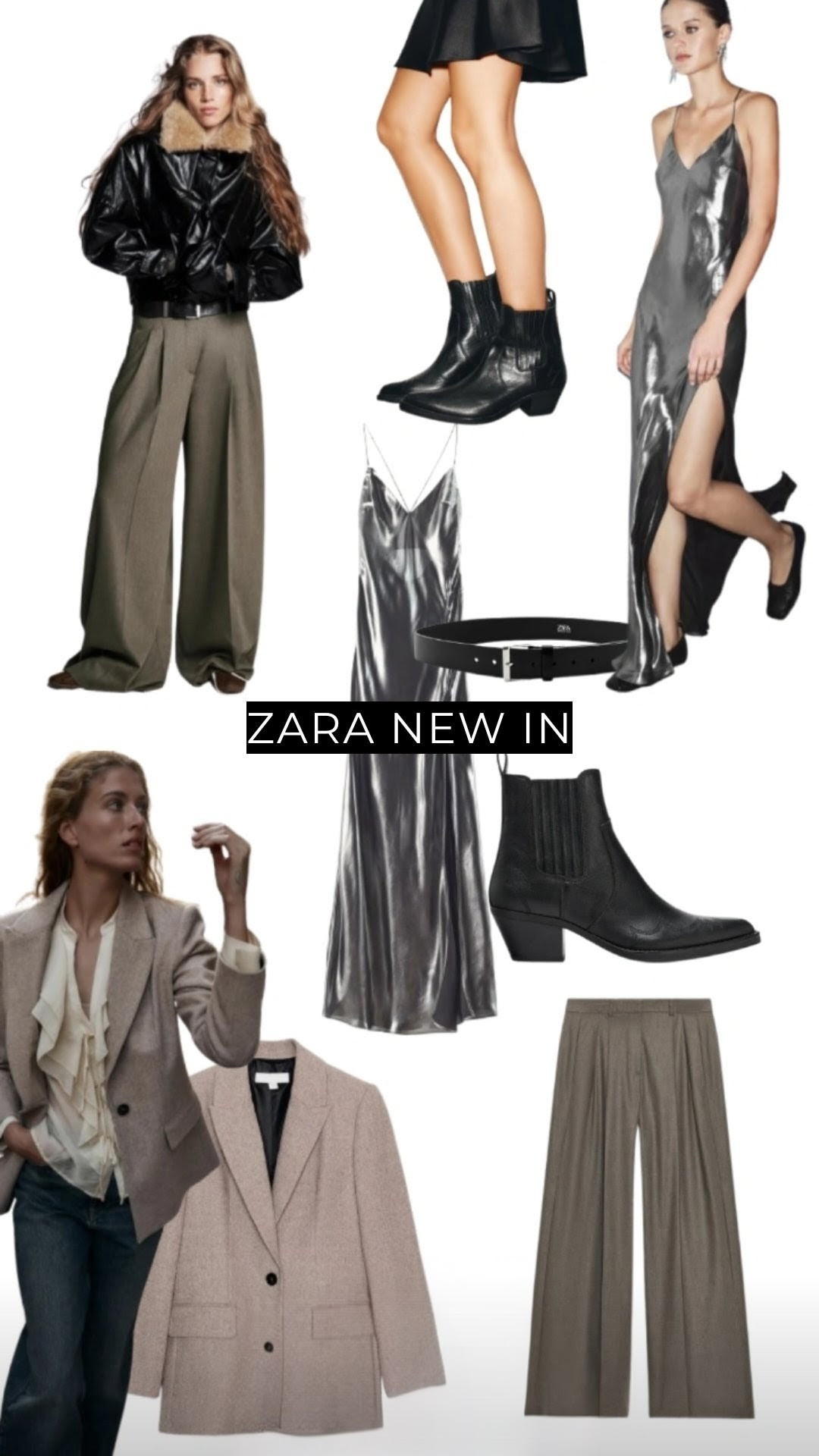 Zara new in - herringbone blazer, beige blazer, metallic dress, silver dress, tailored trousers, black leather boots 

#LTKuk #LTKautumn #LTKstyletip