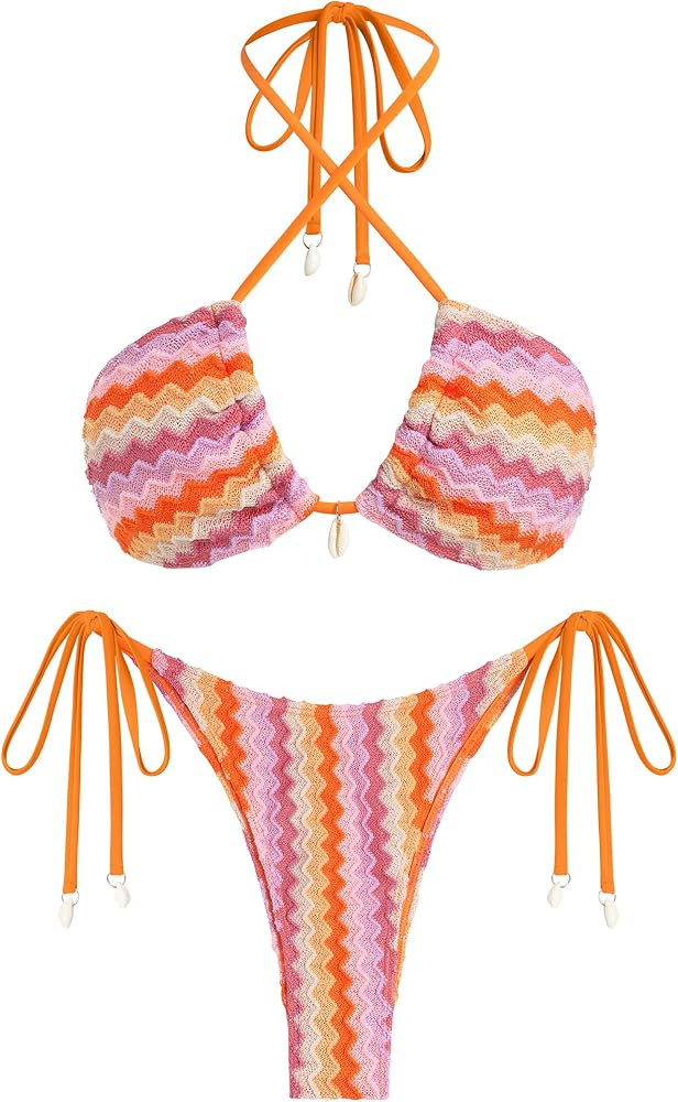 ZAFUL Women's Bikini Set Fishnet Triangle Tie Convertible Collar Halter Bandeau Shell Two Piece B... | Amazon (US)
