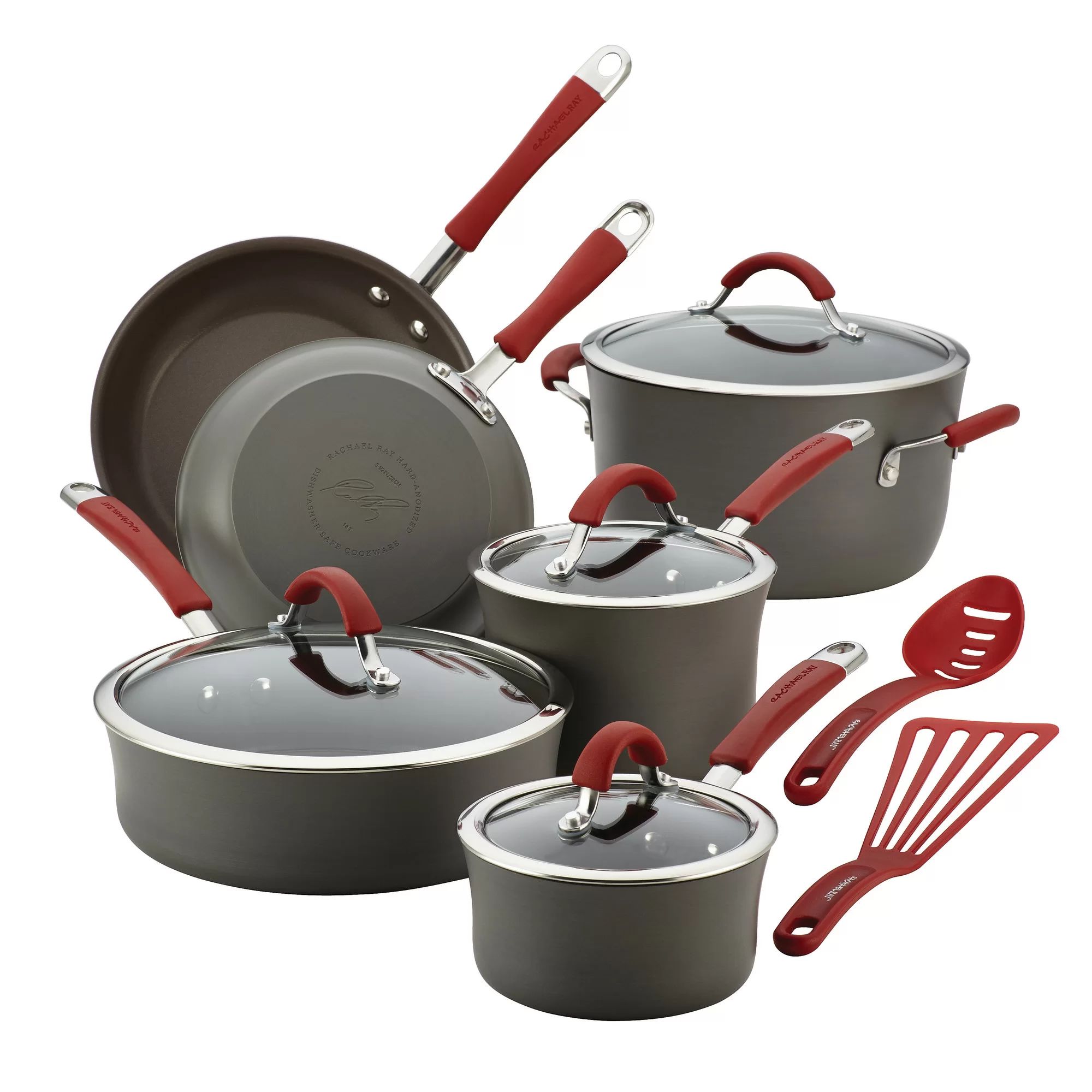 Rachael Ray Cucina Hard-Anodized Aluminum Nonstick Cookware Set, 12-Piece, Gray with Cranberry Re... | Wayfair North America
