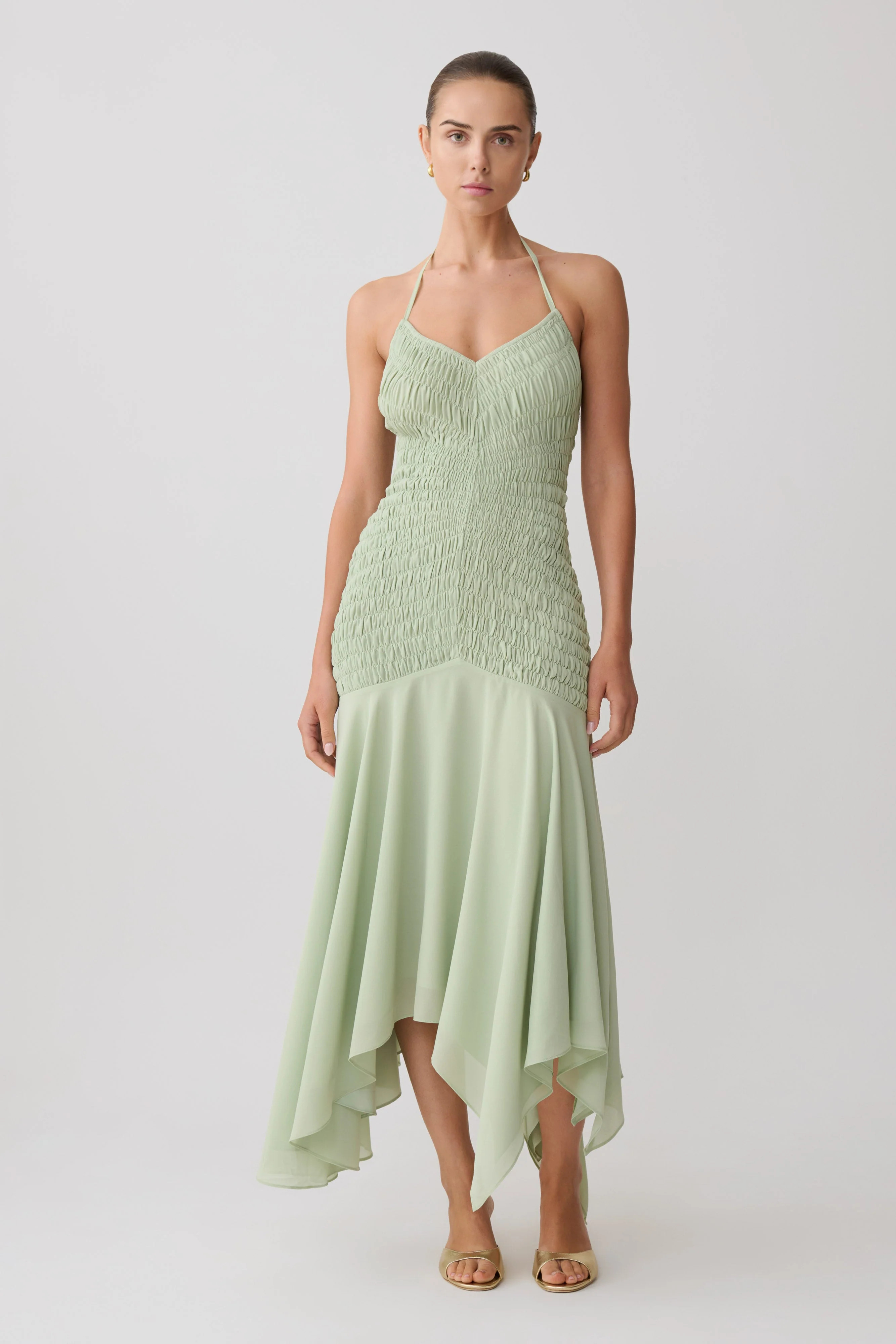 Shirred Chiffon Maxi Dress - Sage | MESHKI US