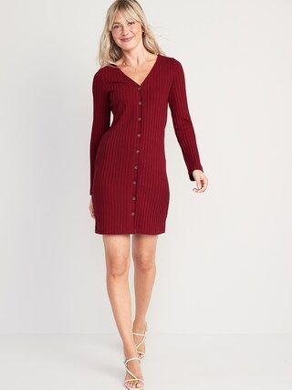 Long-Sleeve Rib-Knit Button-Front Mini Shift Dress for Women | Old Navy (US)