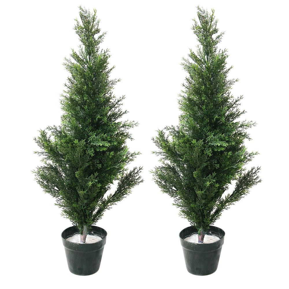 34 in. Faux Potted Artificial Cedar Trees (Set of 2) | The Home Depot