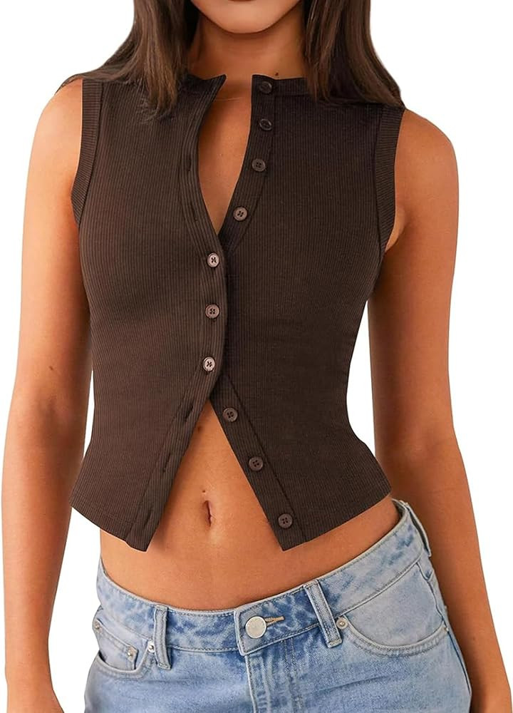 Womens Going Out Tops Summer Spring Ribbed Tank Sexy Crop Cute Y2K Button Down T Shirts Fashion C... | Amazon (US)