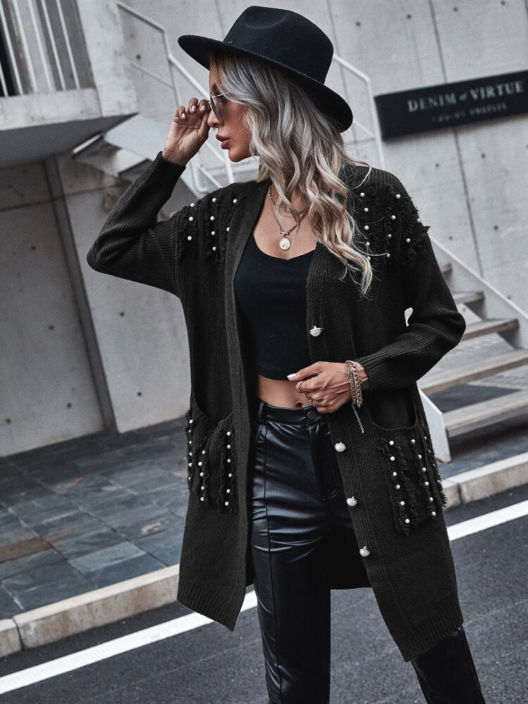 Pearls Beaded Dual Pocket Cardigan | SHEIN